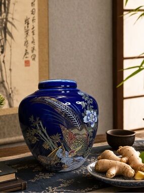 Vintage Cobalt Blue Porcelain Japanese Ginger Jar